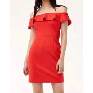 Babaton by Aritzia Emry Off The Shoulder Ruffle Trim Bodycon Mini Dress Red US 4